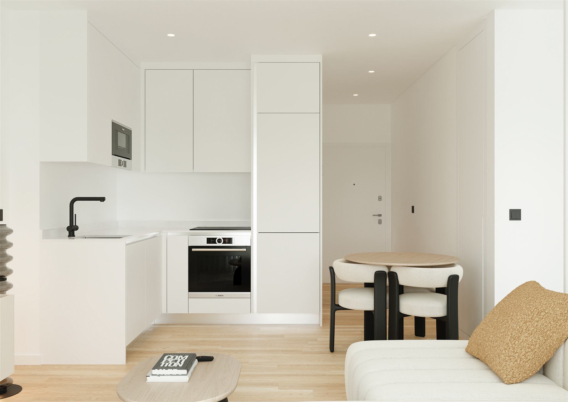 Interior tipo T0 — sala e cozinha em open space